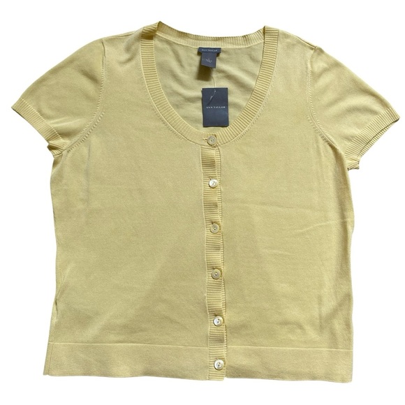 Ann Taylor New Yellow Short Sleeve Button Down Cardigan Sweater Women's Large - Picture 1 of 10